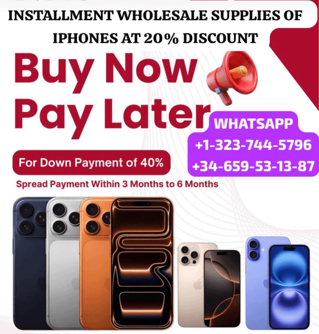 Verified Insallment wholesale supplies of 💯 original iPhones 17/ 16 /15 /14 at 20% discount